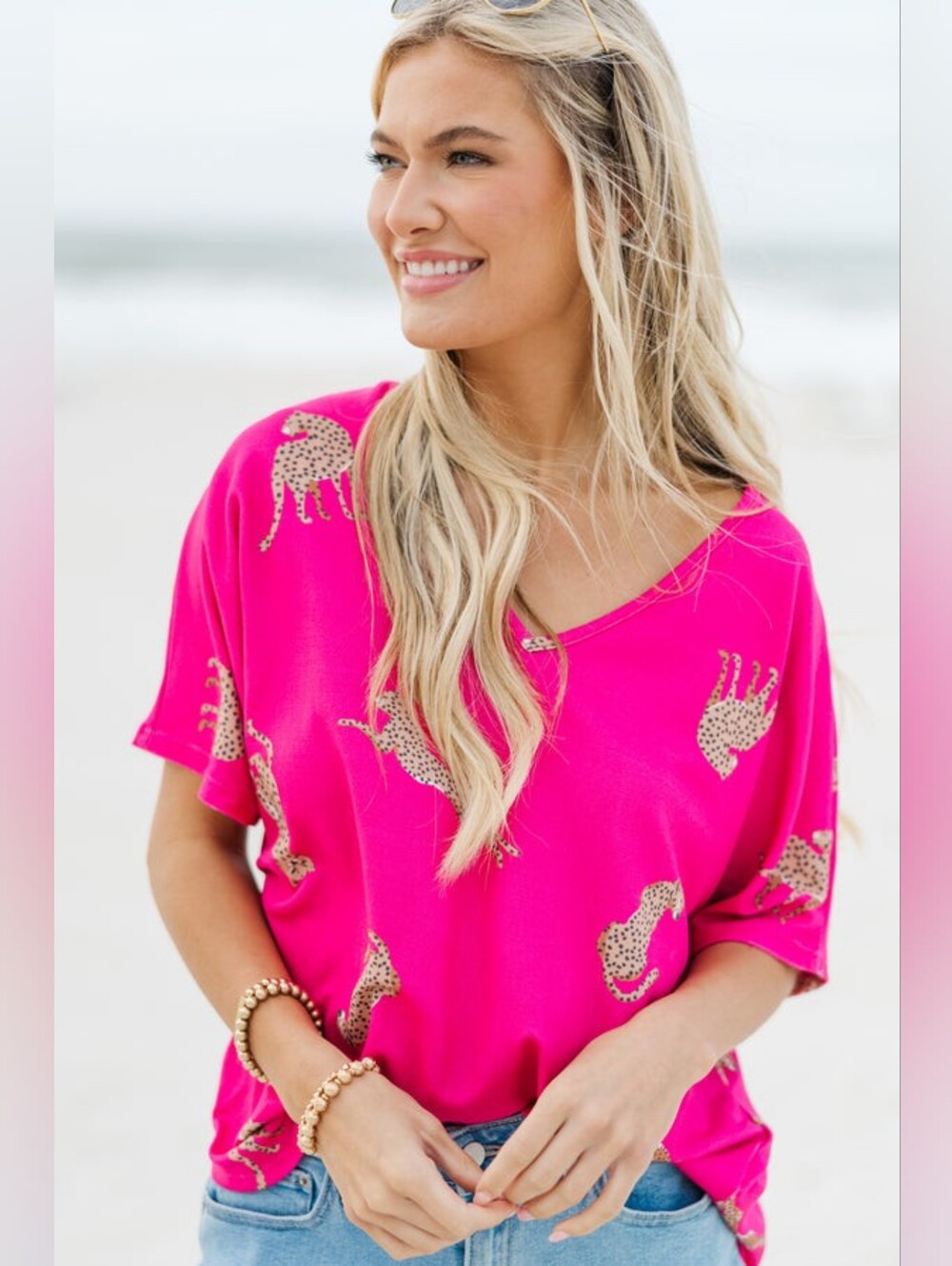 Women's V-Neck Leopard Print Blouse - Fuchsia